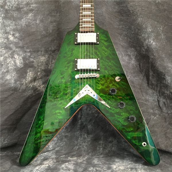 green v-shaped electric guitar with silver hardware, flame maple veneer, can be customized according to requirements, ing
green v-shaped electric guitar with silver hardware, flame maple veneer, can be customized according to requirements, ing