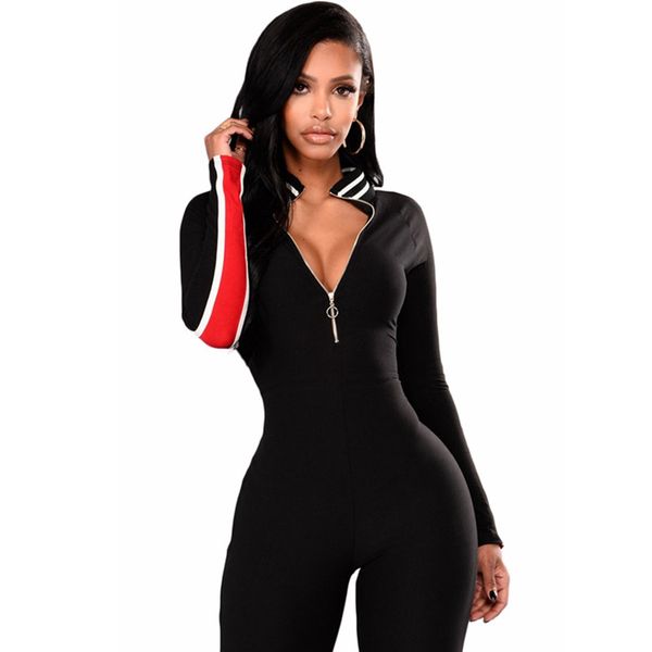 new women's casual jumpsuit with side stripe slim zipper sports jumpsuit, Black;white 
new women's casual jumpsuit with side stripe slim zipper sports jumpsuit, Black;white