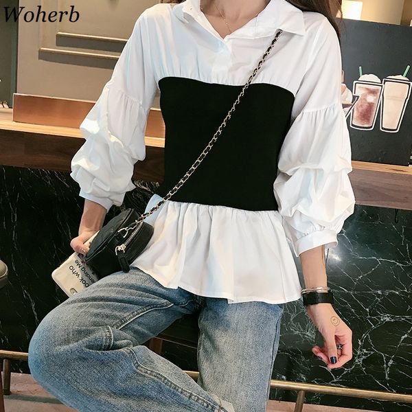 woherb contrast color patchwork shirts turn down collar puff sleeve blouses slim waist fake two pieces korean new 91217, White
woherb contrast color patchwork shirts turn down collar puff sleeve blouses slim waist fake two pieces korean new 91217, White