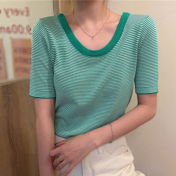 women's t-shirt fashion casual striped t shirt 2021 summer u-neck short sleeves trendy wild knit top, White
women's t-shirt fashion casual striped t shirt 2021 summer u-neck short sleeves trendy wild knit top, White