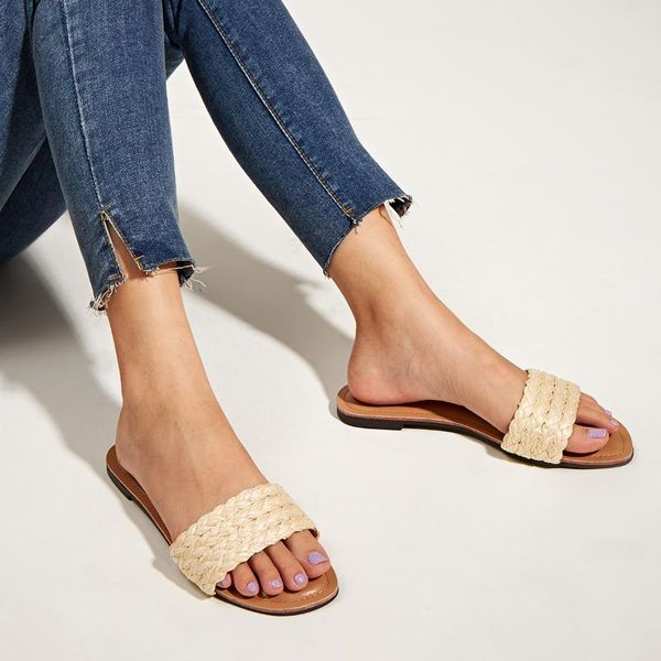 slippers 2021 summer fashion flat women's shoes wild woven open-toe, Black