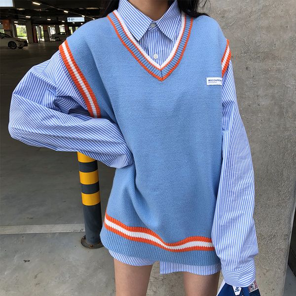 women sleeveless pullover 2019 autumn winter korean preppy style stripe patchwork oversize v neck knitted sweater vest blue t362, Black;white
women sleeveless pullover 2019 autumn winter korean preppy style stripe patchwork oversize v neck knitted sweater vest blue t362, Black;white