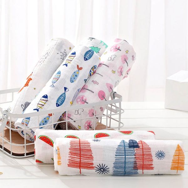 120x110cm Cotton Double Layer Gauze Wrap Towel Baby Bath Towel Cartoon Printing Swaddle Trolley Cartoon Blanket