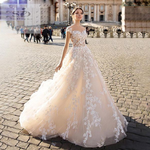 champagne lace boho a line wedding dress elegant fairy sheer cap sleeves tulle applique backless sweep train bridal wedding gowns, White
champagne lace boho a line wedding dress elegant fairy sheer cap sleeves tulle applique backless sweep train bridal wedding gowns, White