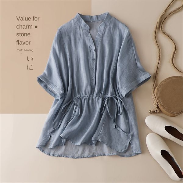 812 ramie women's loose summer shirt clothes midi v-neck loose short sleeve women's artistic shirt, White
812 ramie women's loose summer shirt clothes midi v-neck loose short sleeve women's artistic shirt, White