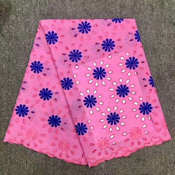 

5Yards/pc Hot sale pink african cotton lace fabric and blue flower embroidery swiss voile cotton fabric for clothes HC3-2