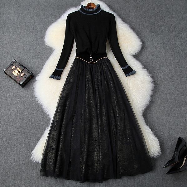european and american women's clothing 2019 winter new style long sleeve stand neck sweater gauze skirt fashion suits, White
european and american women's clothing 2019 winter new style long sleeve stand neck sweater gauze skirt fashion suits, White