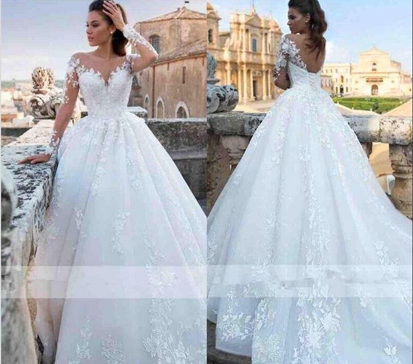 2019 sheer long sleeves lace a line wedding dresses scoop neck tulle applique backless sweep train wedding bridal gowns with lace up bc1693, White
2019 sheer long sleeves lace a line wedding dresses scoop neck tulle applique backless sweep train wedding bridal gowns with lace up bc1693, White