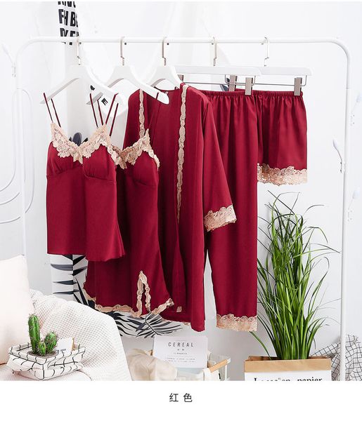 new pyjamas femme women satin silk lace pajamas set for women autumn long sleeve pijama sleepwear night home wear 5pcs suit, Black;red
new pyjamas femme women satin silk lace pajamas set for women autumn long sleeve pijama sleepwear night home wear 5pcs suit, Black;red