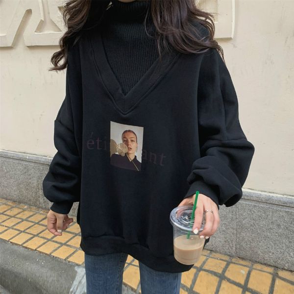women autumn winter fake two piece hoodies with velvet turtleneck letter print loose sweatshirt casual loose pullovers, Black
women autumn winter fake two piece hoodies with velvet turtleneck letter print loose sweatshirt casual loose pullovers, Black