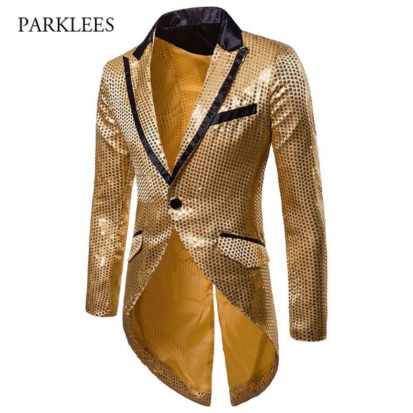 mens shiny gold sequin glitter tailcoat jacket brand new slim fit one button long tuxedo blazer party stage singer costume homme, White;black 
mens shiny gold sequin glitter tailcoat jacket brand new slim fit one button long tuxedo blazer party stage singer costume homme, White;black