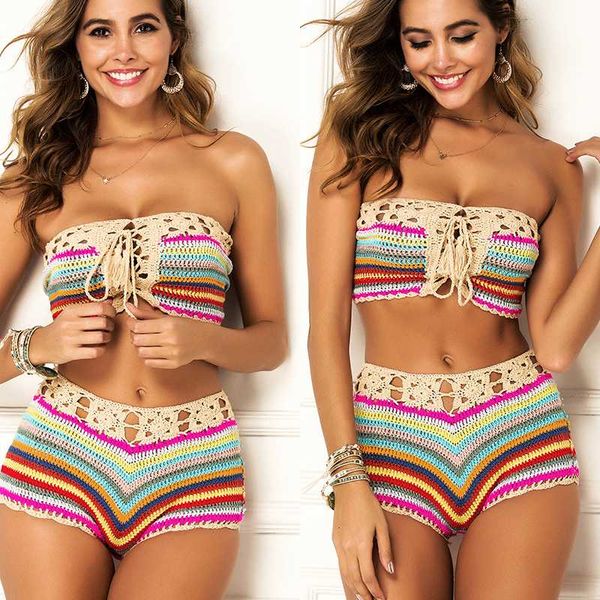 мода красочные stripes купальный костюм женщины crochet bikini set купальники вязание crop top шорты, White
мода красочные stripes купальный костюм женщины crochet bikini set купальники вязание crop top шорты, White