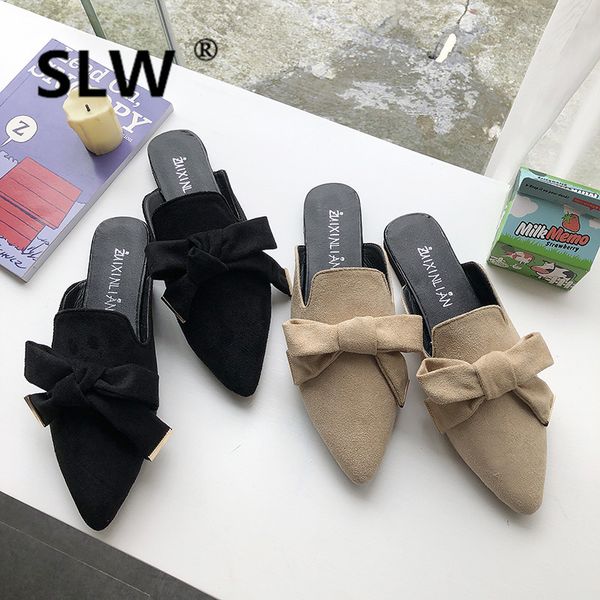

slip-on outdoor summer slipper sequined cloth women closed toe bling flat butterfly-knot pointed toe allmatch loafer slides med, Black