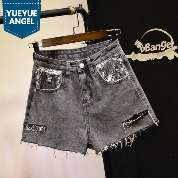 sexy high waist womens sequined hole ripped denim hot shorts fashion casual new summer night club wear female wide leg shorts, White;black
sexy high waist womens sequined hole ripped denim hot shorts fashion casual new summer night club wear female wide leg shorts, White;black
