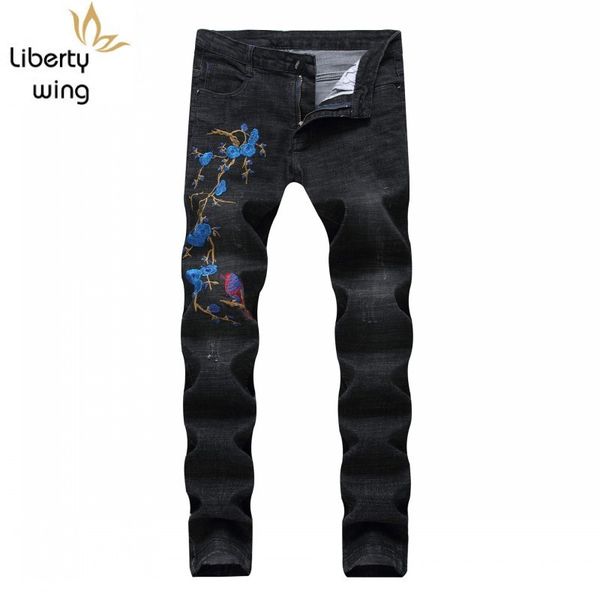 men's jeans mens black straight pencil punk floral embroidery biker slim fit denim pants zipper casual trousers, Blue
men's jeans mens black straight pencil punk floral embroidery biker slim fit denim pants zipper casual trousers, Blue
