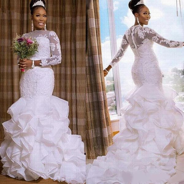 plus size african mermaid wedding dresses 2020 modern long sleeve lace cathedral ruffles train sheer neck bride wedding dress, White
plus size african mermaid wedding dresses 2020 modern long sleeve lace cathedral ruffles train sheer neck bride wedding dress, White