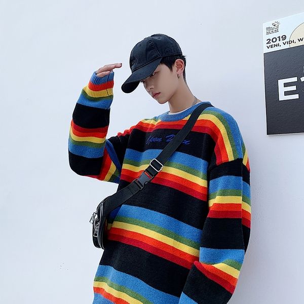 2019 autumn new korean version of the men's large size rainbow stripes loose round neck letter print student casual sweater, White;black
2019 autumn new korean version of the men's large size rainbow stripes loose round neck letter print student casual sweater, White;black