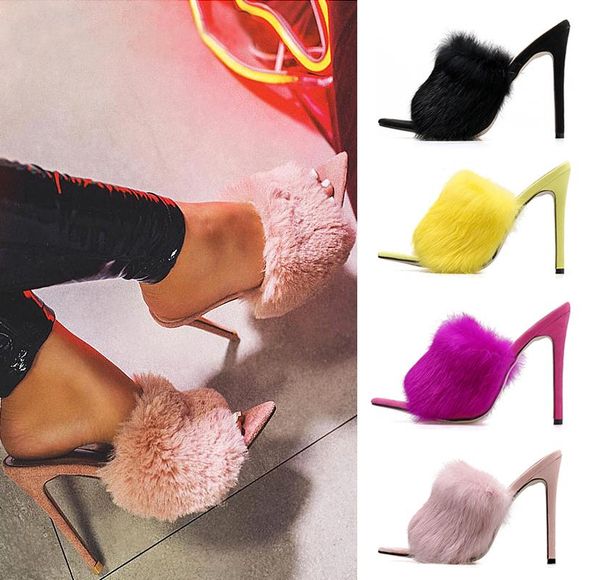 fur high heels sandles stiletto sandals woman shoes, Black
