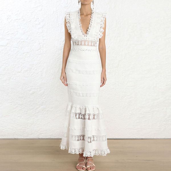 high street new stylish 2019 runway suit set women's v-neck ruffle lace tank mermaid skirt set, White
high street new stylish 2019 runway suit set women's v-neck ruffle lace tank mermaid skirt set, White
