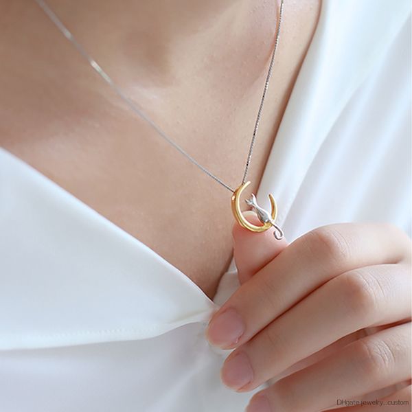 Fashion Cat Moon Pendant Necklace Glamor Silver Gold Chain Necklace Female Jewelry