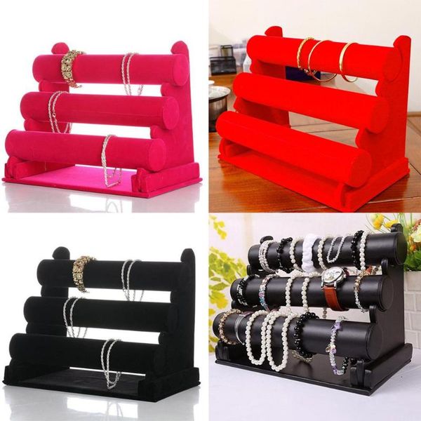 Black Velvet 3-tier Jewelry Bracelet Watch Bangle Display Holder Stand Showcase T-bar Storage Necklace Bangle Organizer