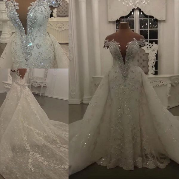 2020 modest mermaid wedding dresses with detachable skirt shining sequins crystals beads appliques sheer neck backless long bridal gowns, White
2020 modest mermaid wedding dresses with detachable skirt shining sequins crystals beads appliques sheer neck backless long bridal gowns, White