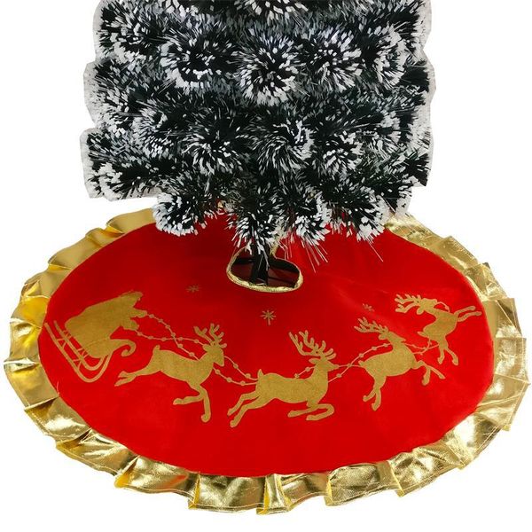 

90cm diameter merry christmas tree skirt deer reindeer cart red with golden ruffle edge new year xmas decoration navidad jhfy01