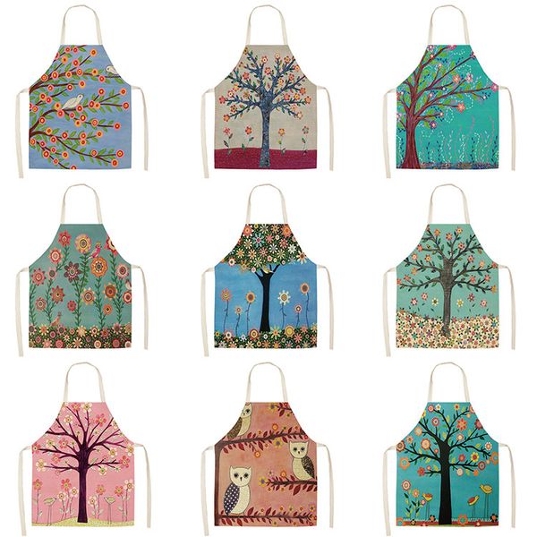 1pcs tree flower owl kitchen aprons for women cotton linen bibs household cleaning pinafore home cooking apron 53*65cm wq0011