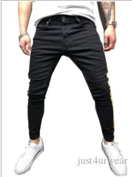 men's jeans mens fashion high street slim long trousers pencil side striped design washed male hip hop denim pants, Blue