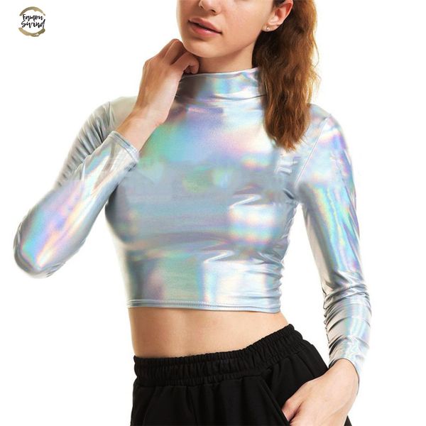 vrouwen liquid metallic lange mouwen crop punk coltrui holografische t shirt cropped voor rave club dance mock hals shirt, White
vrouwen liquid metallic lange mouwen crop punk coltrui holografische t shirt cropped voor rave club dance mock hals shirt, White
