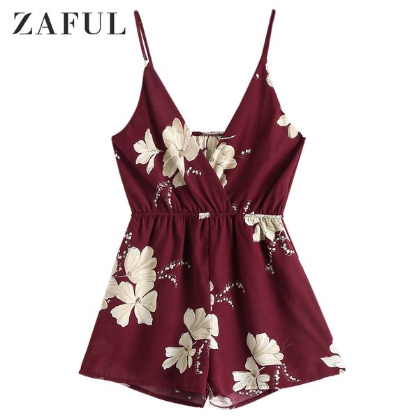 

zaful overalls cami surplice front floral elastic waist romper strap sleeveless women playsuit mini jumpsuits bodysuits, Black;white