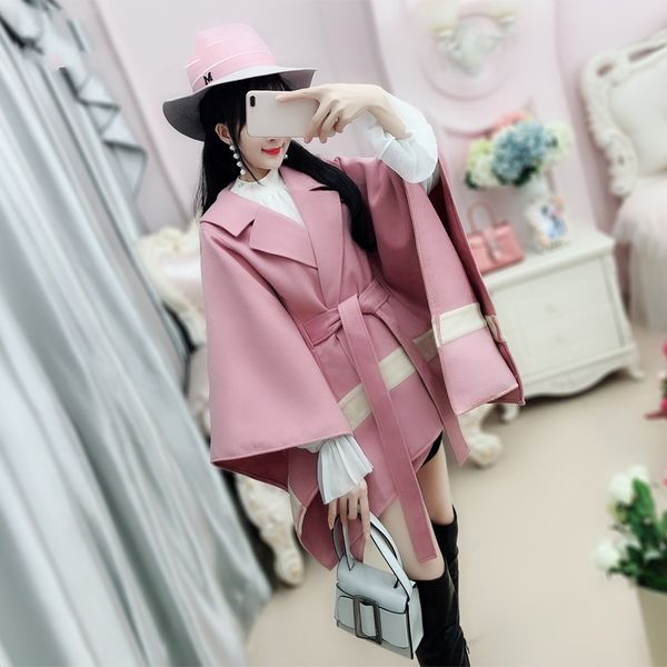 2019 autumn winter women fashion cloak coats sweet pink batwing sleeve turn down collar loose cape woolen outerwear belt jc3367, Black
2019 autumn winter women fashion cloak coats sweet pink batwing sleeve turn down collar loose cape woolen outerwear belt jc3367, Black