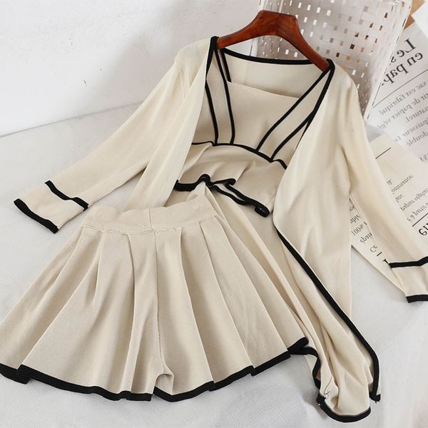 cyanlee women three piece outfits fashion korean clothes new arrival long cardigan camisole wide leg short pants 3 piece sets, White 
cyanlee women three piece outfits fashion korean clothes new arrival long cardigan camisole wide leg short pants 3 piece sets, White