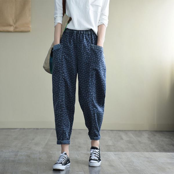 2020 new arts style women elastic waist loose vintage print jeans all-matched casual cotton denim harem pants s713, Blue
2020 new arts style women elastic waist loose vintage print jeans all-matched casual cotton denim harem pants s713, Blue