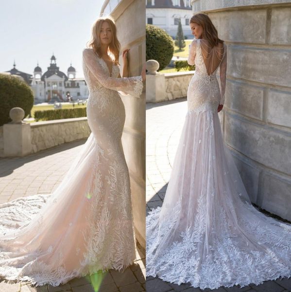 fashion mermaid lace backless wedding dresses deep v neck long sleeves bridal gowns beaded trumpet court train vestidos de novia, White
fashion mermaid lace backless wedding dresses deep v neck long sleeves bridal gowns beaded trumpet court train vestidos de novia, White
