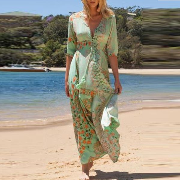 2019 new women summer short sleeve floral printed v-neck casual waist long dress, Black;gray
2019 new women summer short sleeve floral printed v-neck casual waist long dress, Black;gray