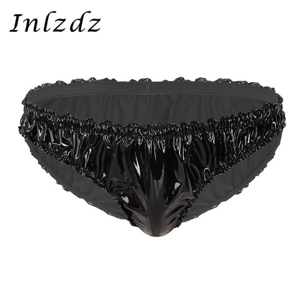 sissy mens panties wet look patent leather lingerie male underwear frilly ruffled low rise high cut sissy briefs panties, Black;white
sissy mens panties wet look patent leather lingerie male underwear frilly ruffled low rise high cut sissy briefs panties, Black;white