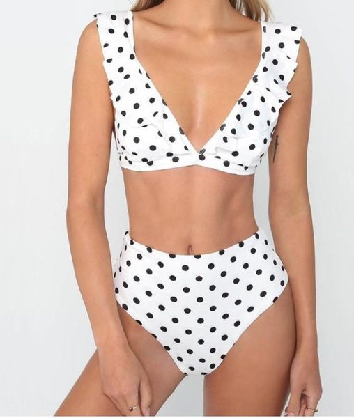 lotus leaf deep v bikini bikini swimsuit black and white polka dot printing swimsuit, White;black