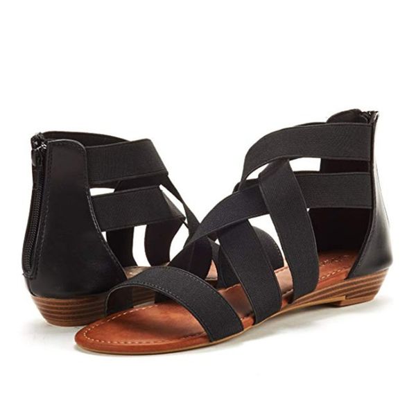 roman elastic band sandals women's fashion solid color simple low heel women leather gladiator sandals casual beach shoes 4 colors, Black 
roman elastic band sandals women's fashion solid color simple low heel women leather gladiator sandals casual beach shoes 4 colors, Black