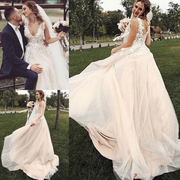 western country champagne bohemian wedding dresses 2020 new backless appliqued v neck tulle long boho beach garden bridal gowns plus size, White
western country champagne bohemian wedding dresses 2020 new backless appliqued v neck tulle long boho beach garden bridal gowns plus size, White