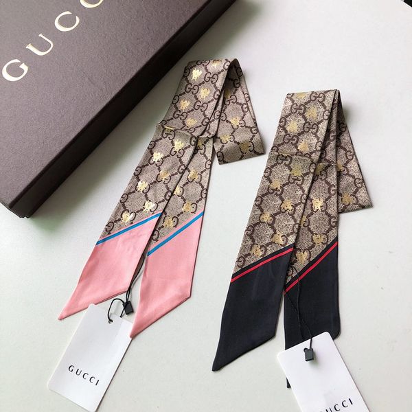 2019 модная женская лента сумка шляпа повязка на голову ручка маленькая лента шарф шелковый раздел 6 * 90 см двойной принт лица с позолоченной пчелой 100% си