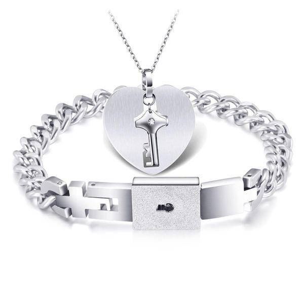 titanium steel couple bracelet necklace kit rushing on cloud heart key set with concentric lock lady jewelry, Silver
titanium steel couple bracelet necklace kit rushing on cloud heart key set with concentric lock lady jewelry, Silver