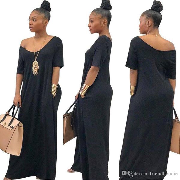 women s solid loose shoulder short sleeve pocket casual maxi dress summer women designer dress, Black;gray