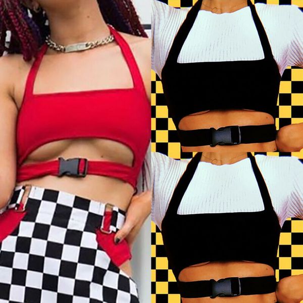 summer female cropped bandage buckles halter vests sport shirts, White