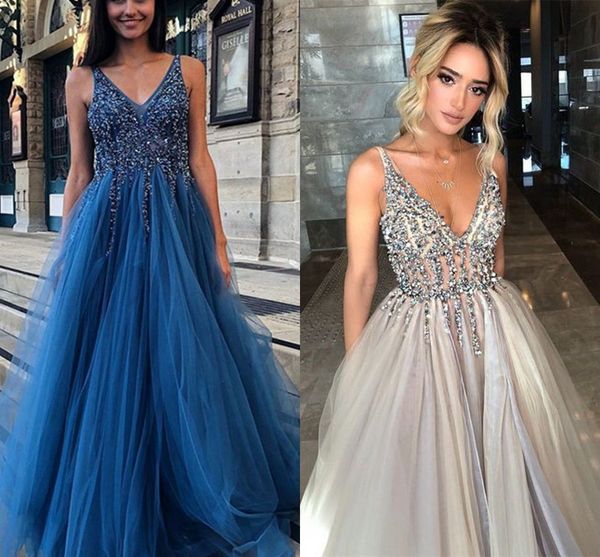 2019 fashion beading crystal prom dresses long v-neck v open back tulle long dresses evening wear formal party special occasion dress, Black
2019 fashion beading crystal prom dresses long v-neck v open back tulle long dresses evening wear formal party special occasion dress, Black