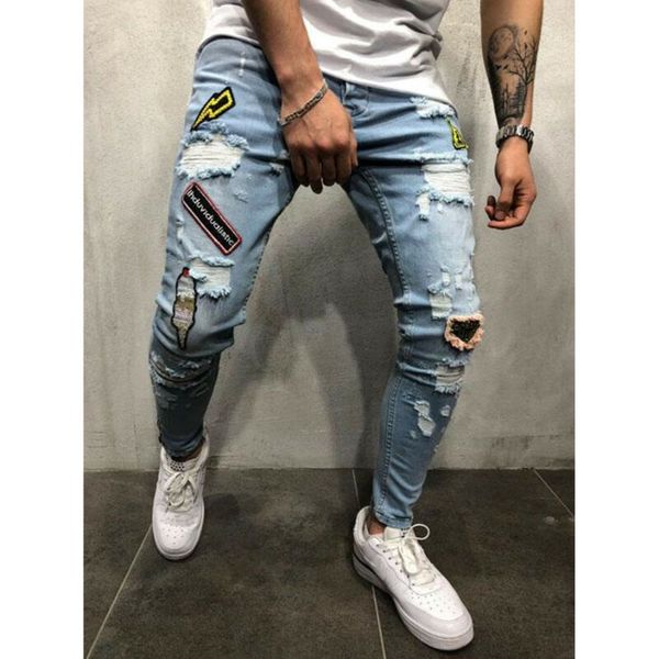 

Mens Cool Designer Stretchy Ripped Skinny Jeans Destroyed Frayed Slim Fit Denim Pants Trousers Pencil Pants Hip Hop Streetwear