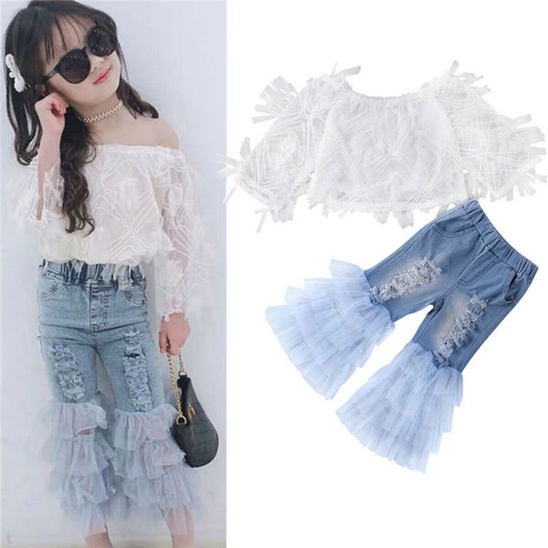 1-6y toddler kids baby girls fashion lace off shoulder t-shirt ruffle denim ripped hole pants outfits girl clothes 2pcs set, White
1-6y toddler kids baby girls fashion lace off shoulder t-shirt ruffle denim ripped hole pants outfits girl clothes 2pcs set, White
