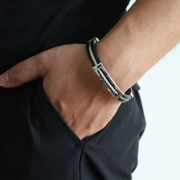 black stainless steel bracelets bangles black rubber men with wire men wristband bangle fashion jewelry, White
black stainless steel bracelets bangles black rubber men with wire men wristband bangle fashion jewelry, White