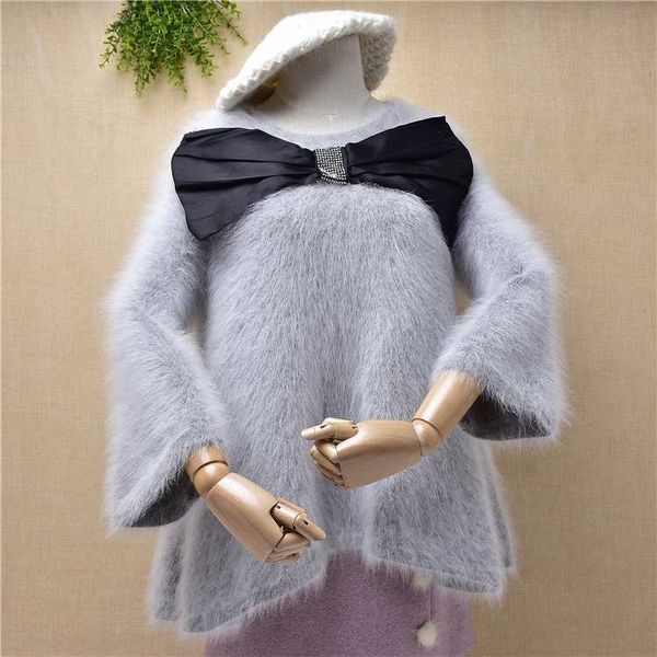 дамы женщин мода мило о-образный вырез волосатых норок кашемира боути семь falre рукава потерять негабаритный пуловеры ангорской шерсти вяза, White;black 
дамы женщин мода мило о-образный вырез волосатых норок кашемира боути семь falre рукава потерять негабаритный пуловеры ангорской шерсти вяза, White;black