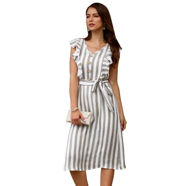european and american new brief women ruffled flying sleeves v-neck with high waist fashion button belt striped print dress, White
european and american new brief women ruffled flying sleeves v-neck with high waist fashion button belt striped print dress, White